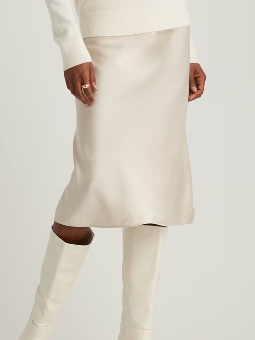 Quince Cream A-Line Satin Midi Skirt